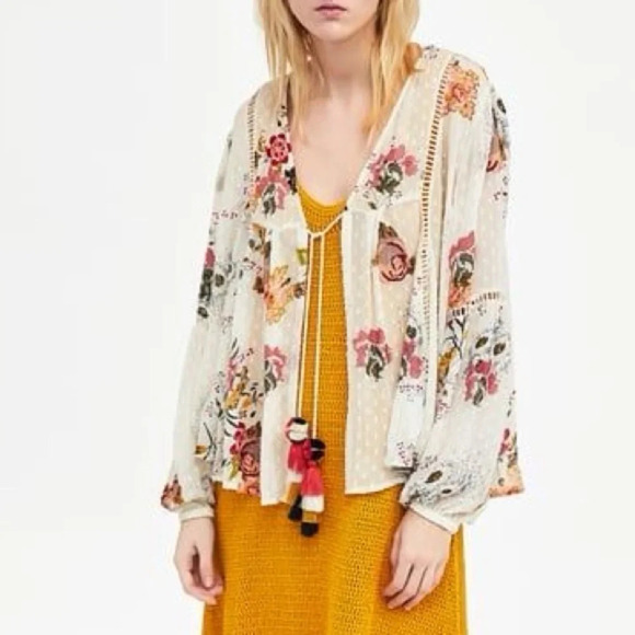 ZARA Boho Embroidered Dotted Mesh Floral Balloon Sleeve Tie Front Cardigan - Picture 1 of 16